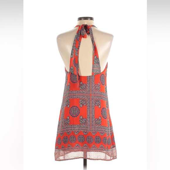 LuLu’s Social Philosophy Coral Red Boho Print Halter Back Tie Mini Dress•X-Small - Picture 5 of 8